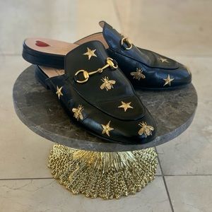 Gucci Flat Princetown Bee & Star Mule, Black